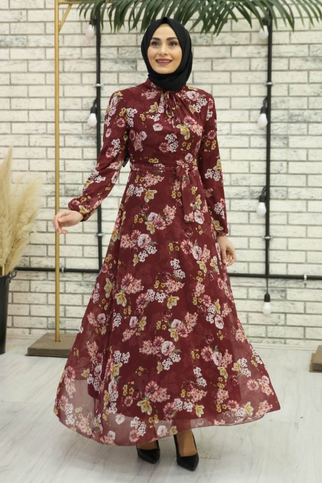 FLOWER PATTERNED CLARET RED DRESS