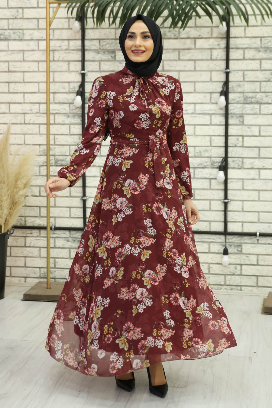 FLOWER PATTERNED CLARET RED DRESS