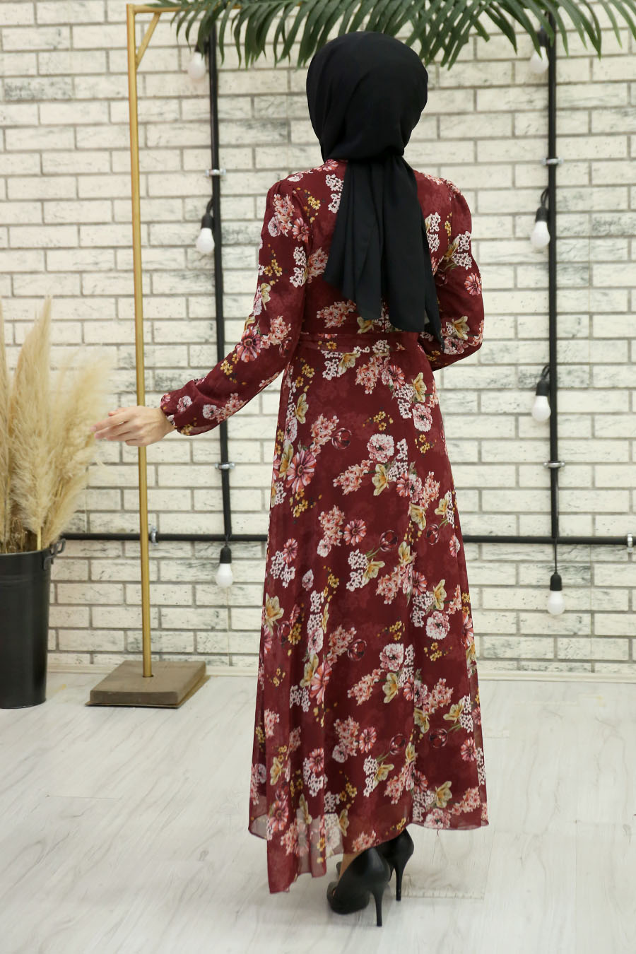 FLOWER PATTERNED CLARET RED DRESS