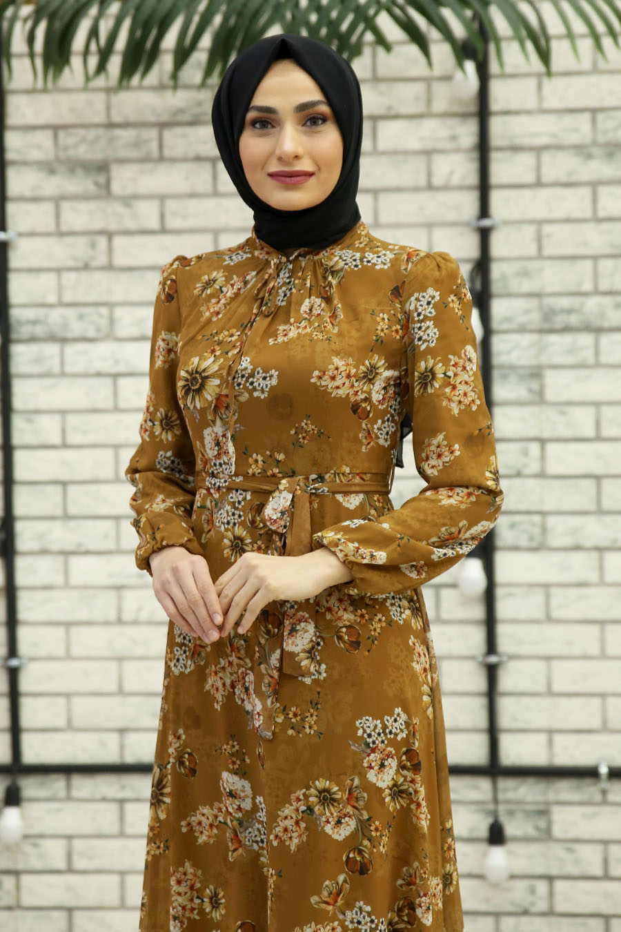FLOWER PATTERNED MUSTARD DRESS