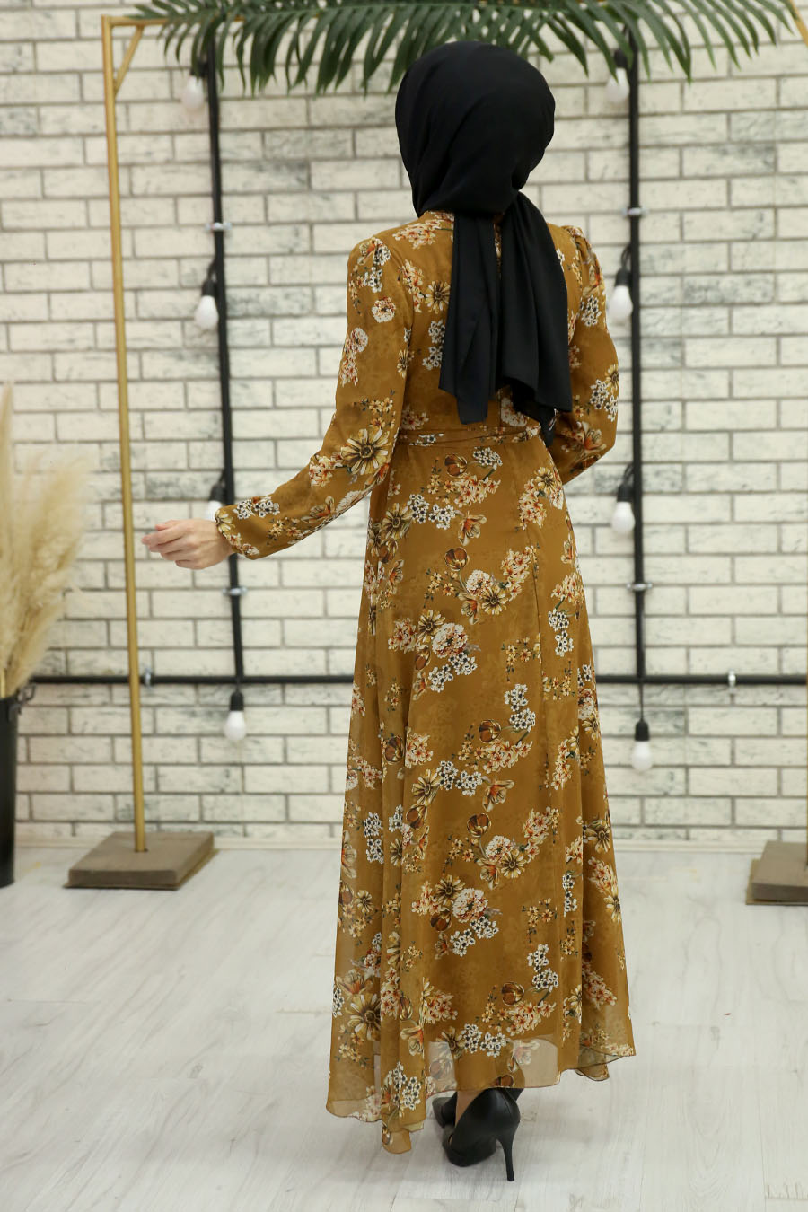FLOWER PATTERNED MUSTARD DRESS