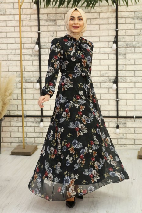 FLOWER PATTERNED BLACK DRESS