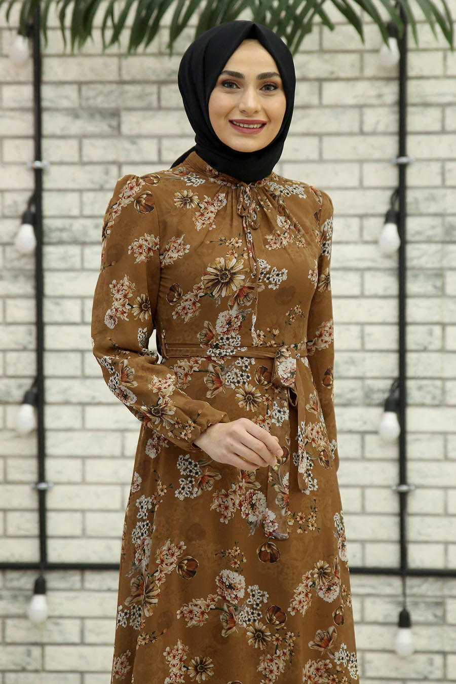 TAN COLOR FLOWER PATTERNED MUSTARD DRESS