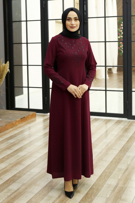 STONED DETAILED CLARET RED DRESS  