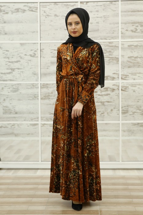 FLOWER PATTERNED TAN COLOR DRESS