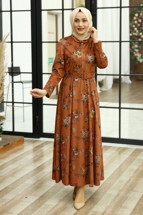 FLOWER PATTERNED BRICK COLOR DRESS
