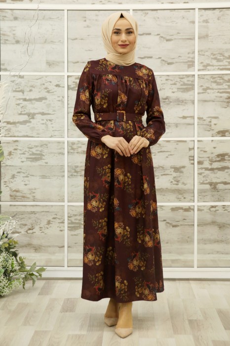FLOWER PATTERNED CLARET RED DRESS