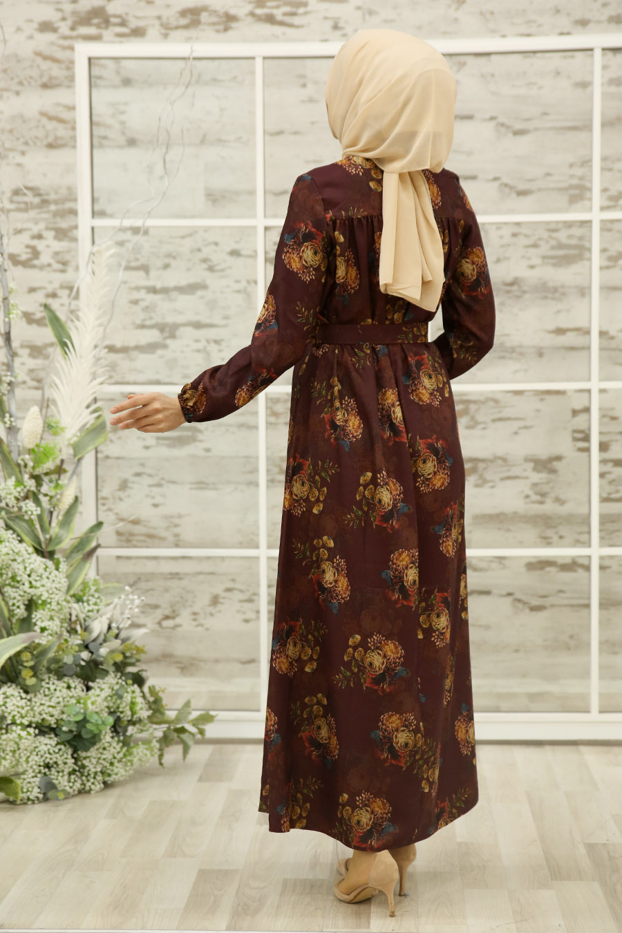 FLOWER PATTERNED CLARET RED DRESS