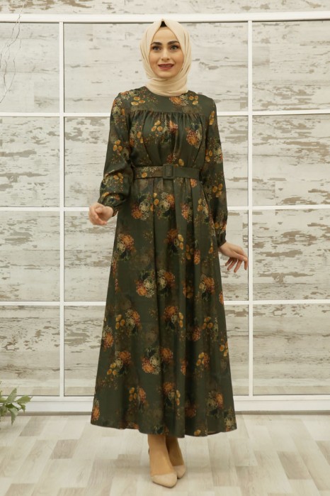 FLOWER PATTERNED KHAKI DRESS