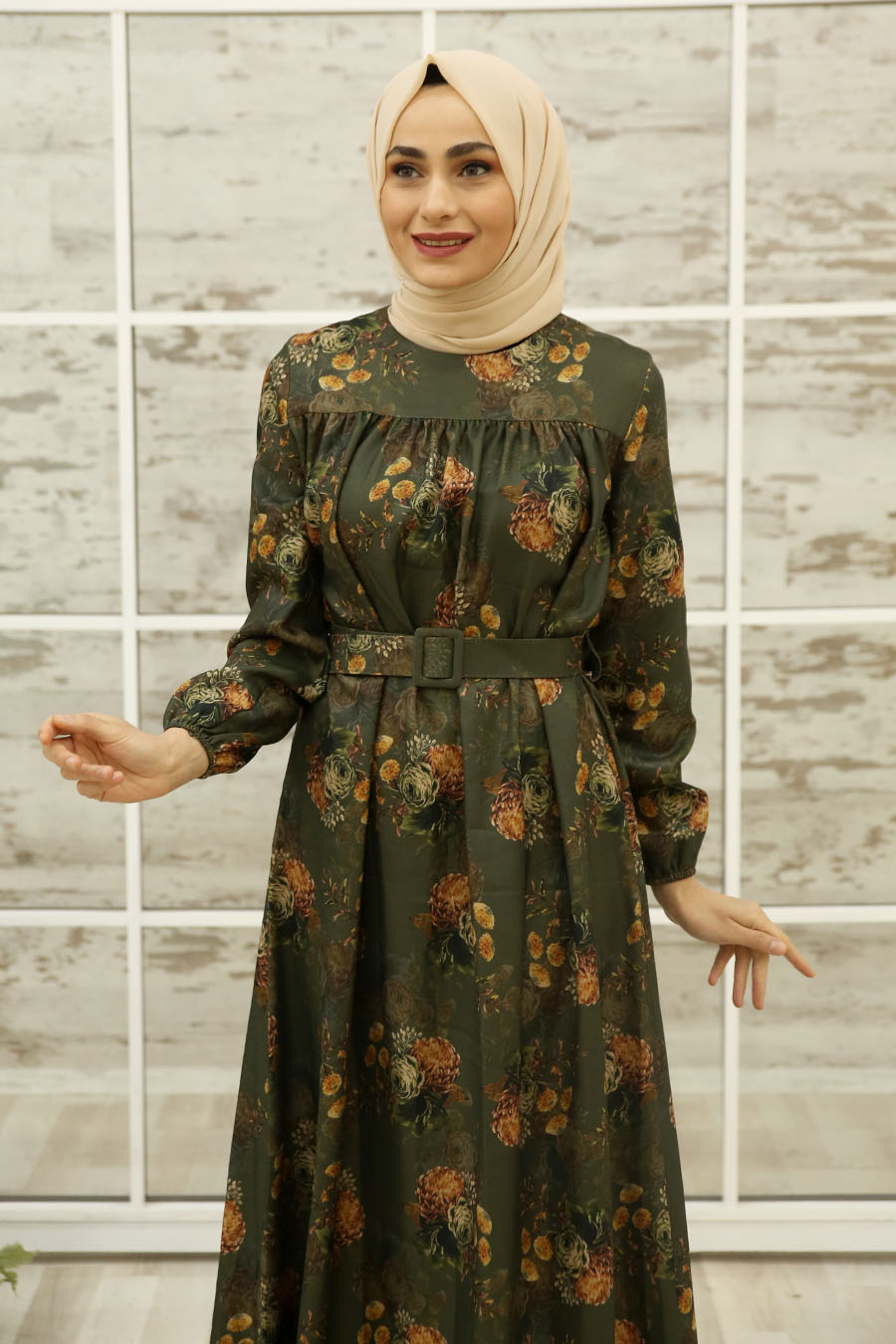 FLOWER PATTERNED KHAKI DRESS