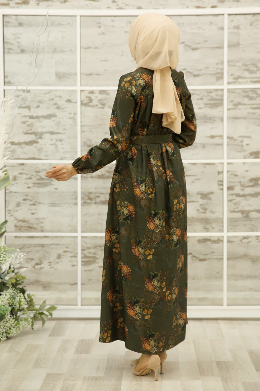FLOWER PATTERNED KHAKI DRESS