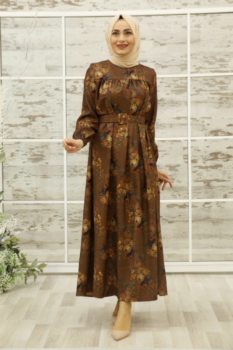 FLOWER PATTERNED TAN COLOR DRESS
