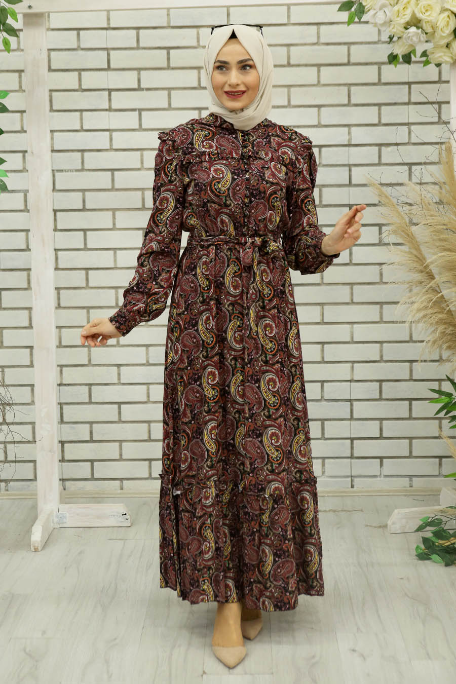 PATTERNED CLARET RED DRESS 