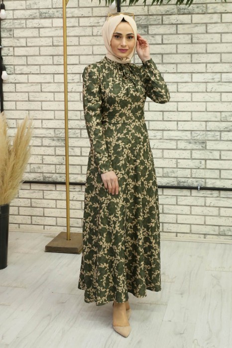 FLOWER PATTERNED KHAKI DRESS