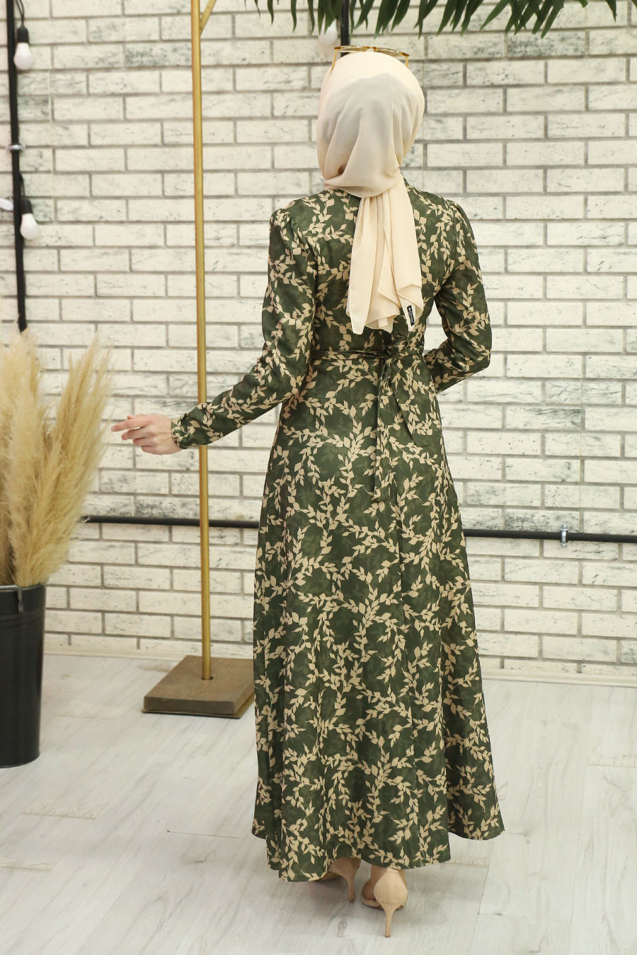 FLOWER PATTERNED KHAKI DRESS