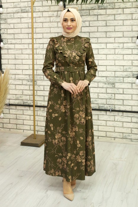 FLOWER PATTERNED KHAKI DRESS 