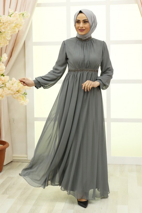 STONED DETAILED GREY EVENING DRESS 