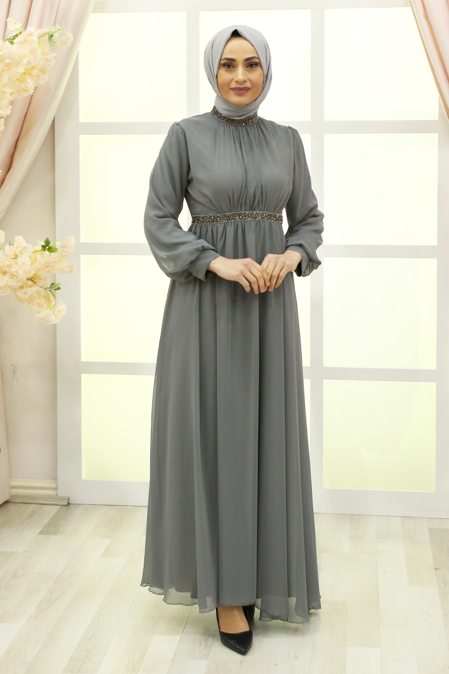 STONED DETAILED GREY EVENING DRESS 