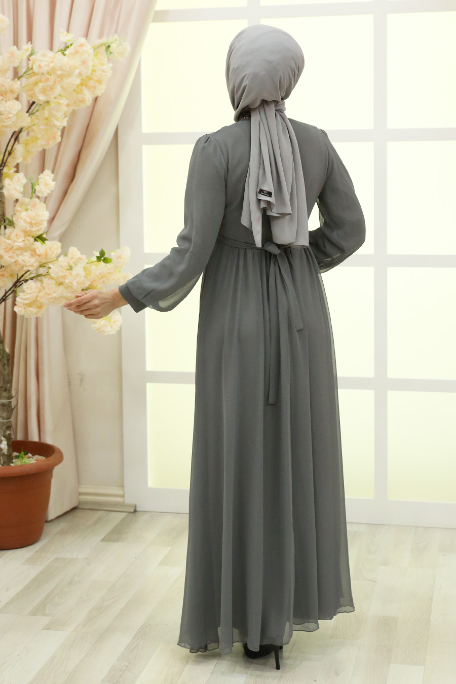 STONED DETAILED GREY EVENING DRESS 