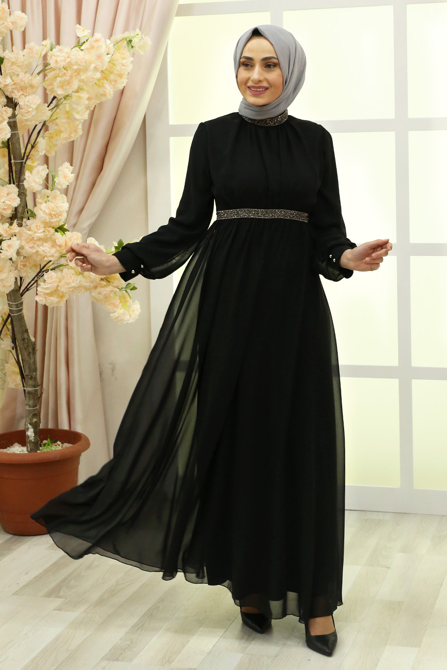 STONED DETAILED BLACK EVENING DRESS 