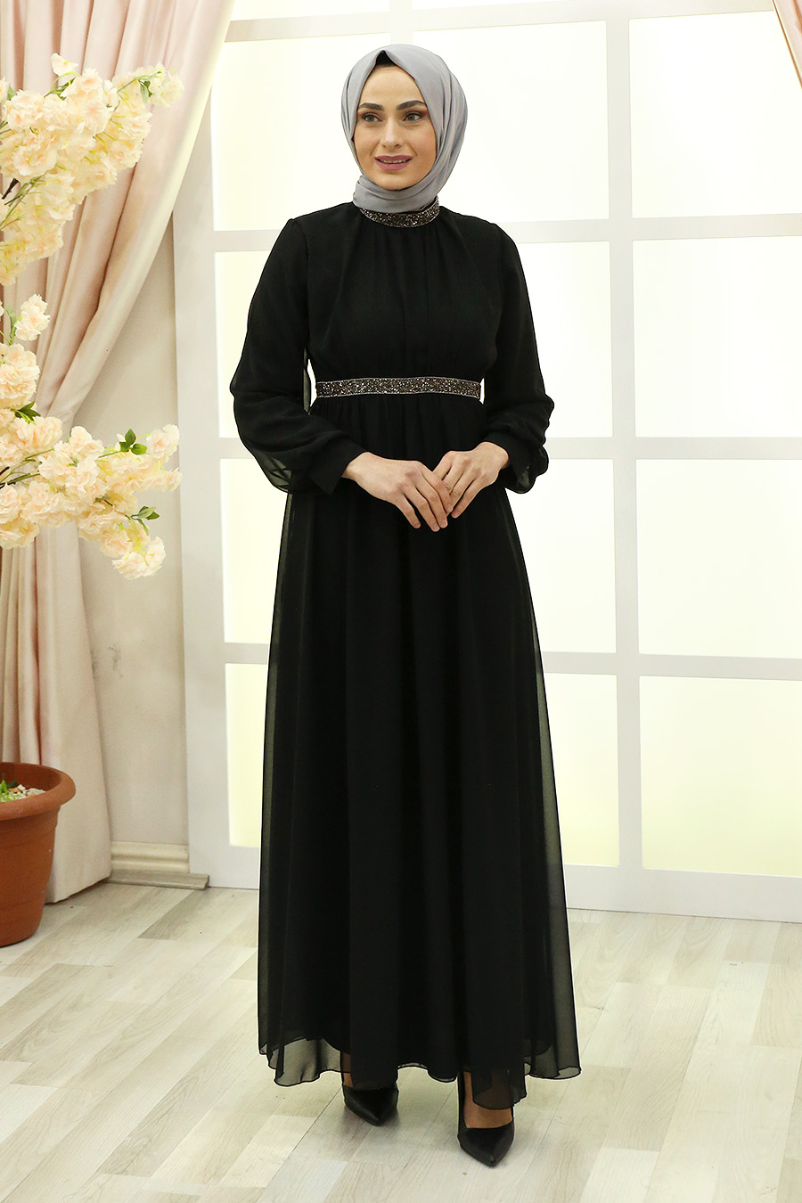 STONED DETAILED BLACK EVENING DRESS 