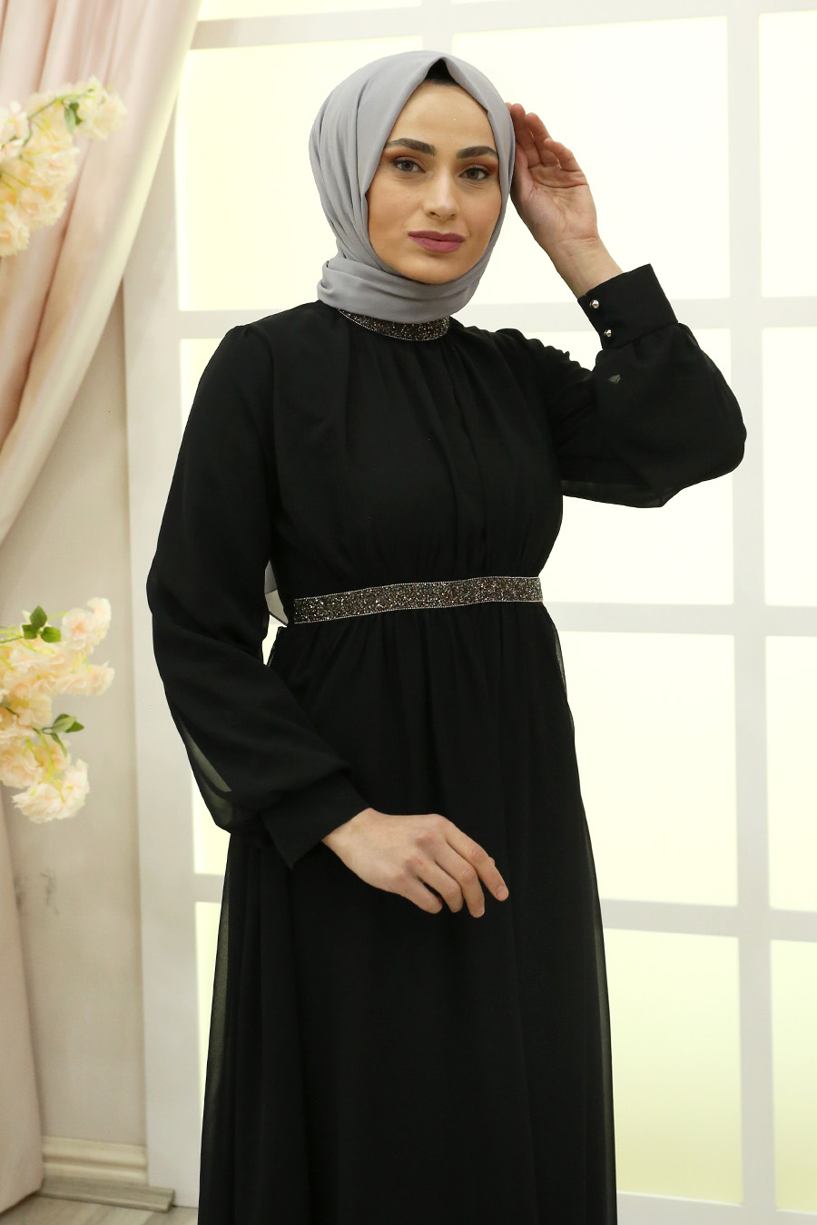 STONED DETAILED BLACK EVENING DRESS 