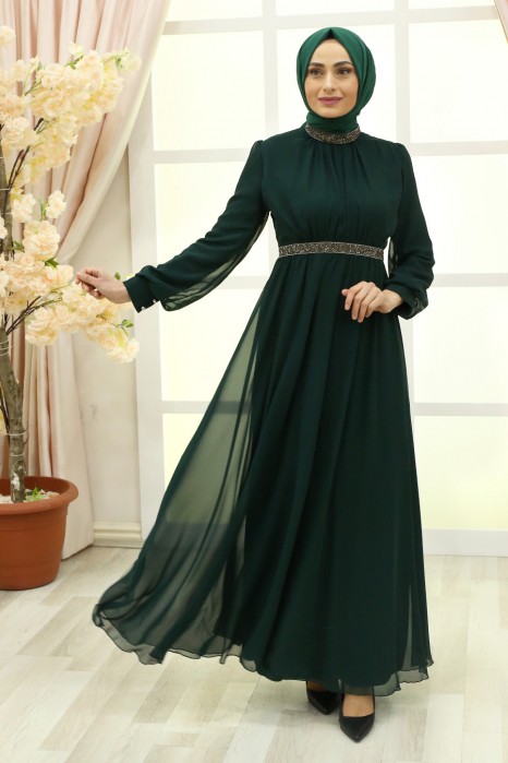 STONED DETAILED GREEN EVENING DRES