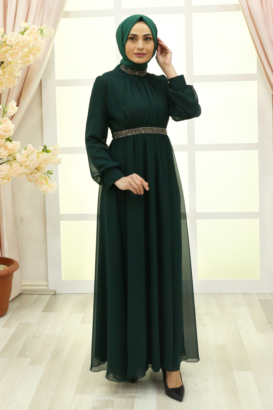 STONED DETAILED GREEN EVENING DRES