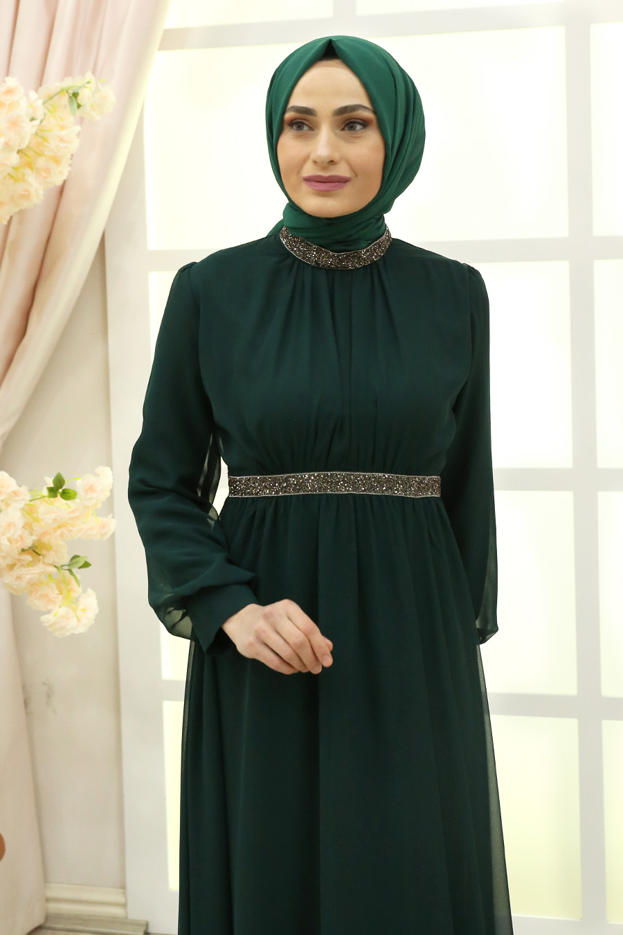 STONED DETAILED GREEN EVENING DRES
