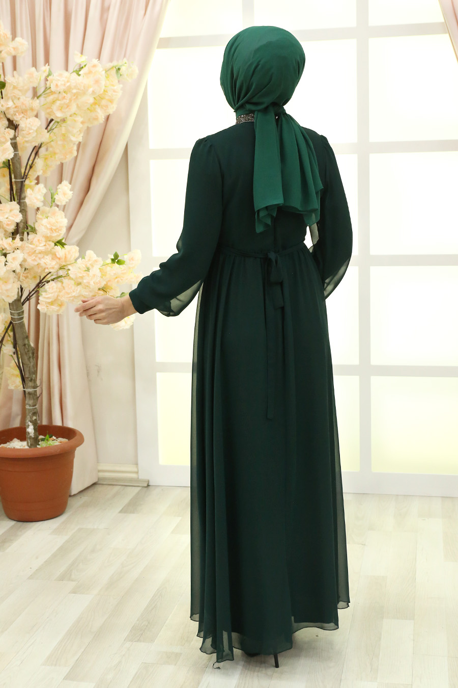 STONED DETAILED GREEN EVENING DRES
