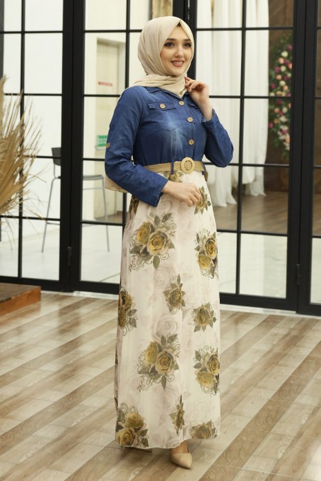 FLOWER PATTERNED MUSTARD DRESS 