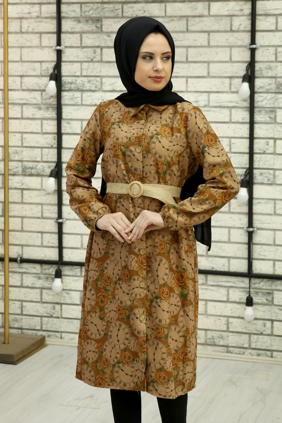 FLOWER PATTERNED BRICK COLOR TUNIC 