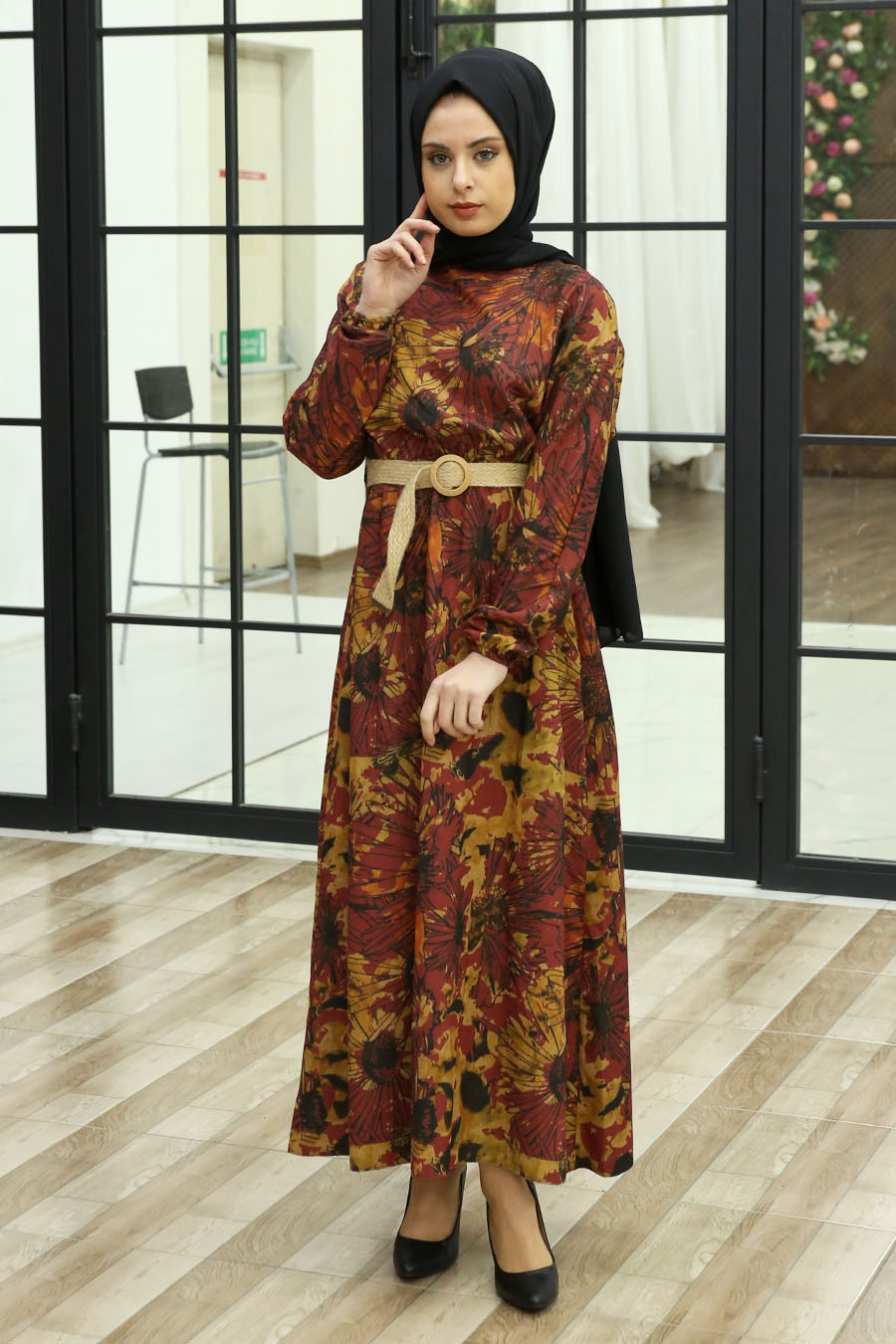 FLOWER PATTERNED CLARET RED DRESS 