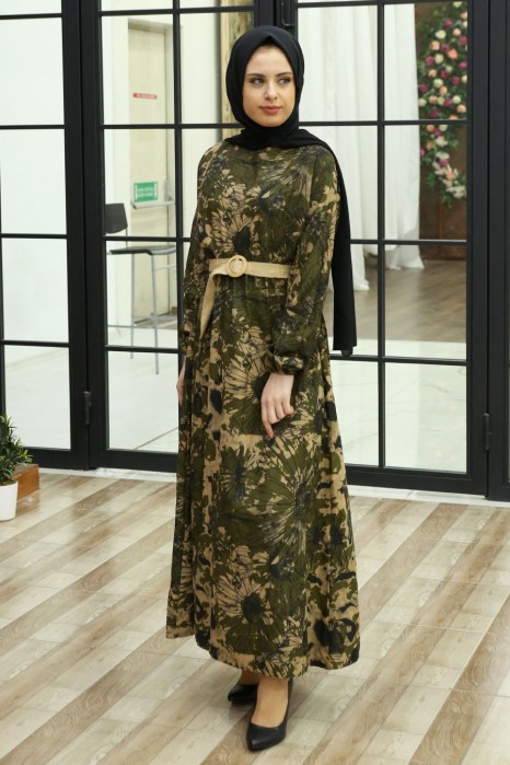 FLOWER PATTERNED KHAKI DRESS 