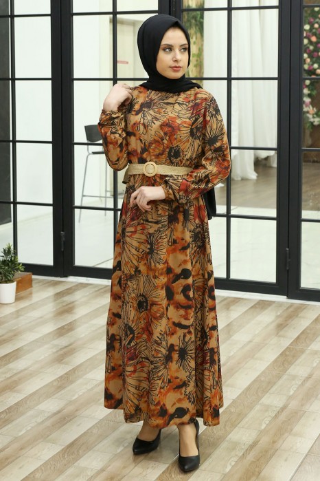 FLOWER PATTERNED TAN COLOR DRESS 
