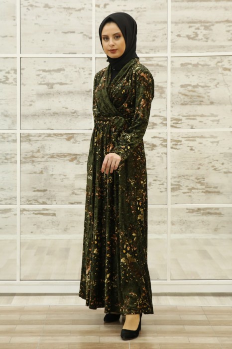 FLOWER PATTERNED KHAKI DRESS