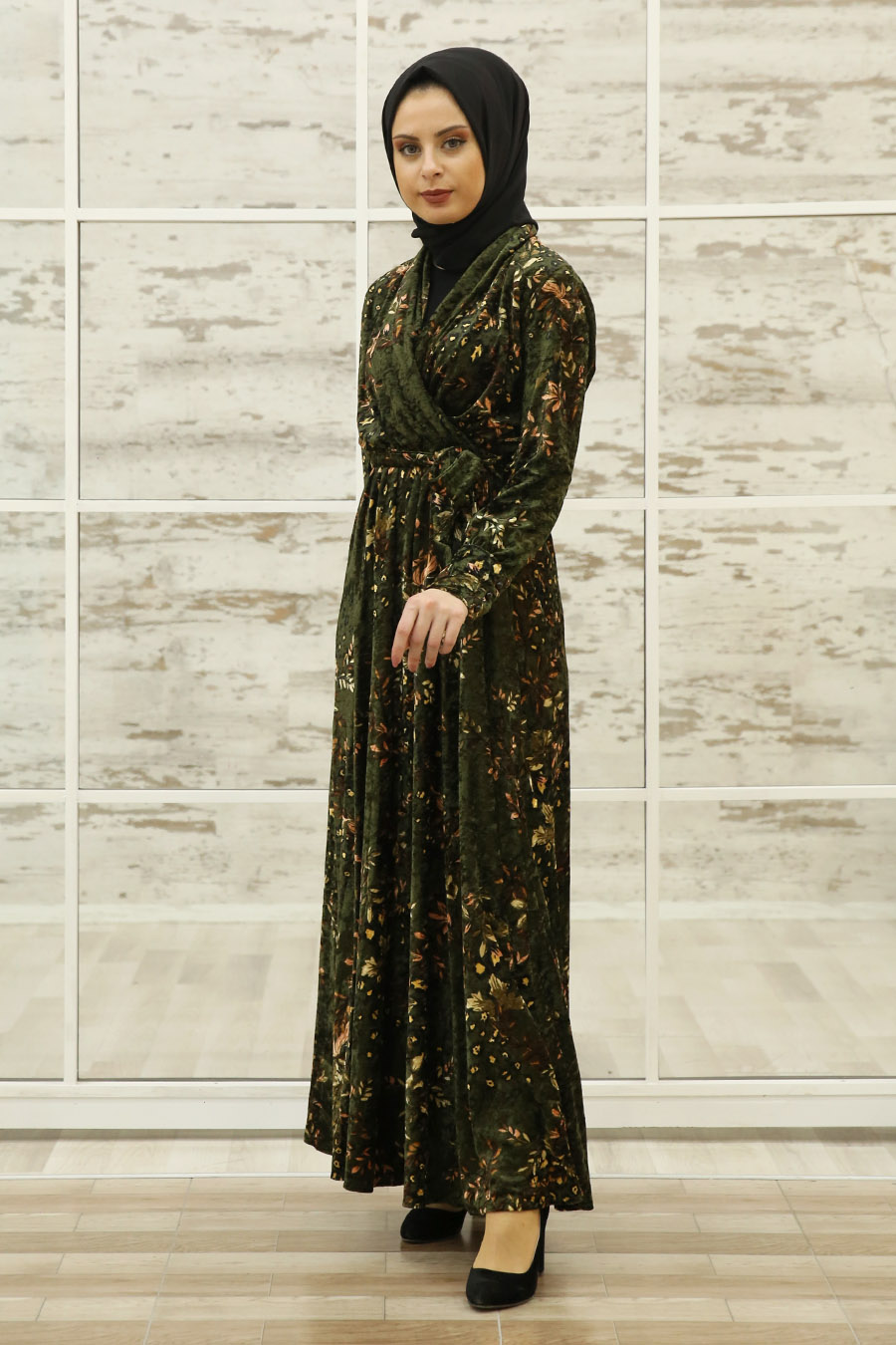 FLOWER PATTERNED KHAKI DRESS