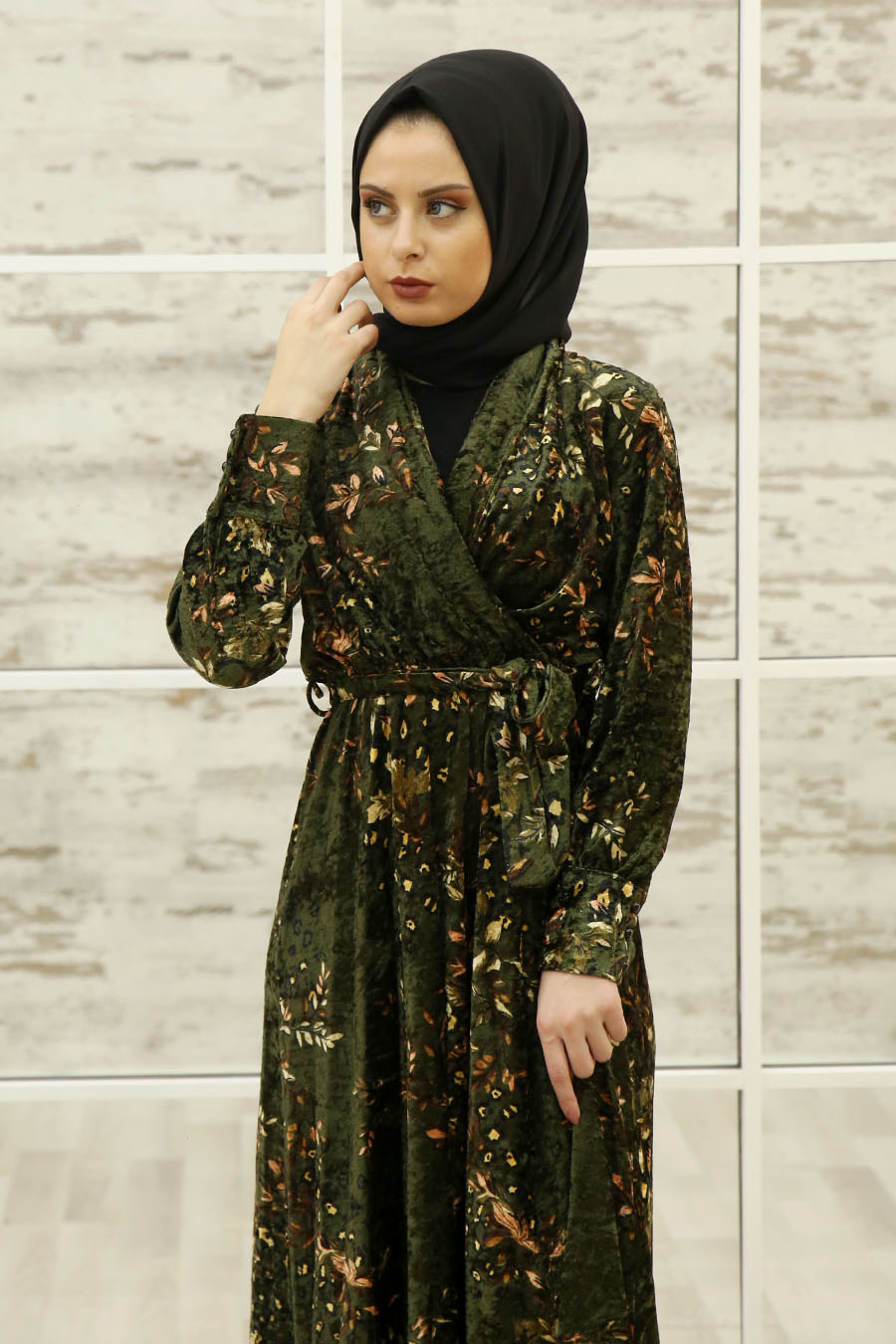 FLOWER PATTERNED KHAKI DRESS