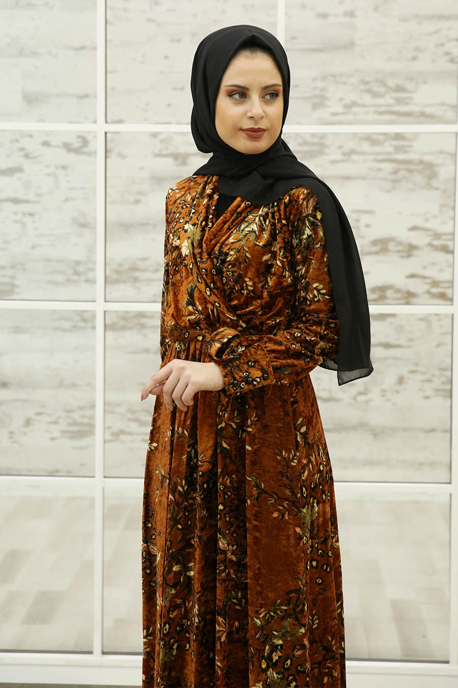 FLOWER PATTERNED TAN COLOR DRESS