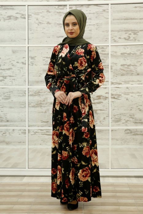 FLOWER PATTERNED CLARET RED DRESS