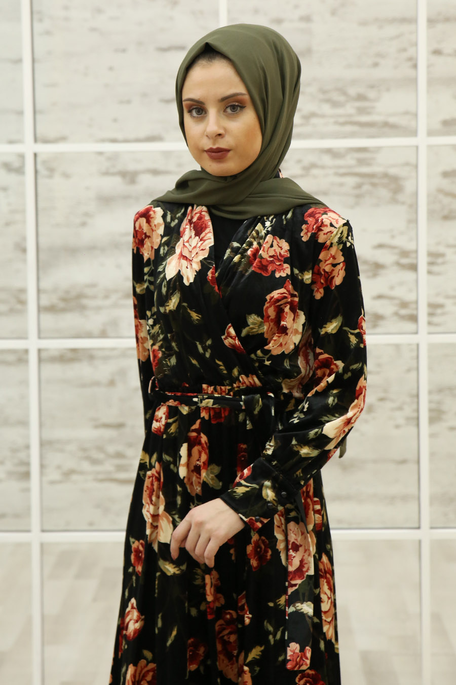 FLOWER PATTERNED CLARET RED DRESS