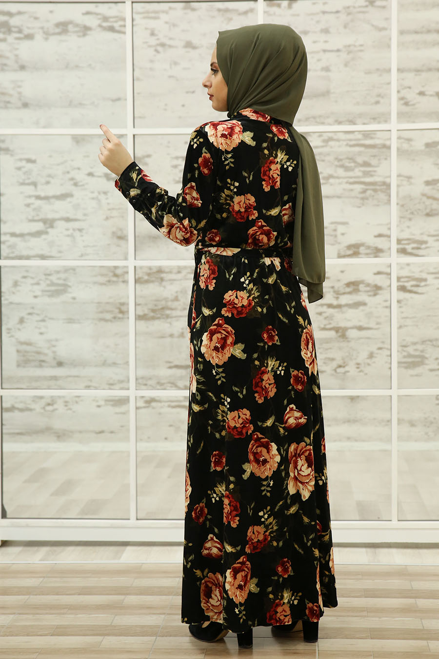 FLOWER PATTERNED CLARET RED DRESS