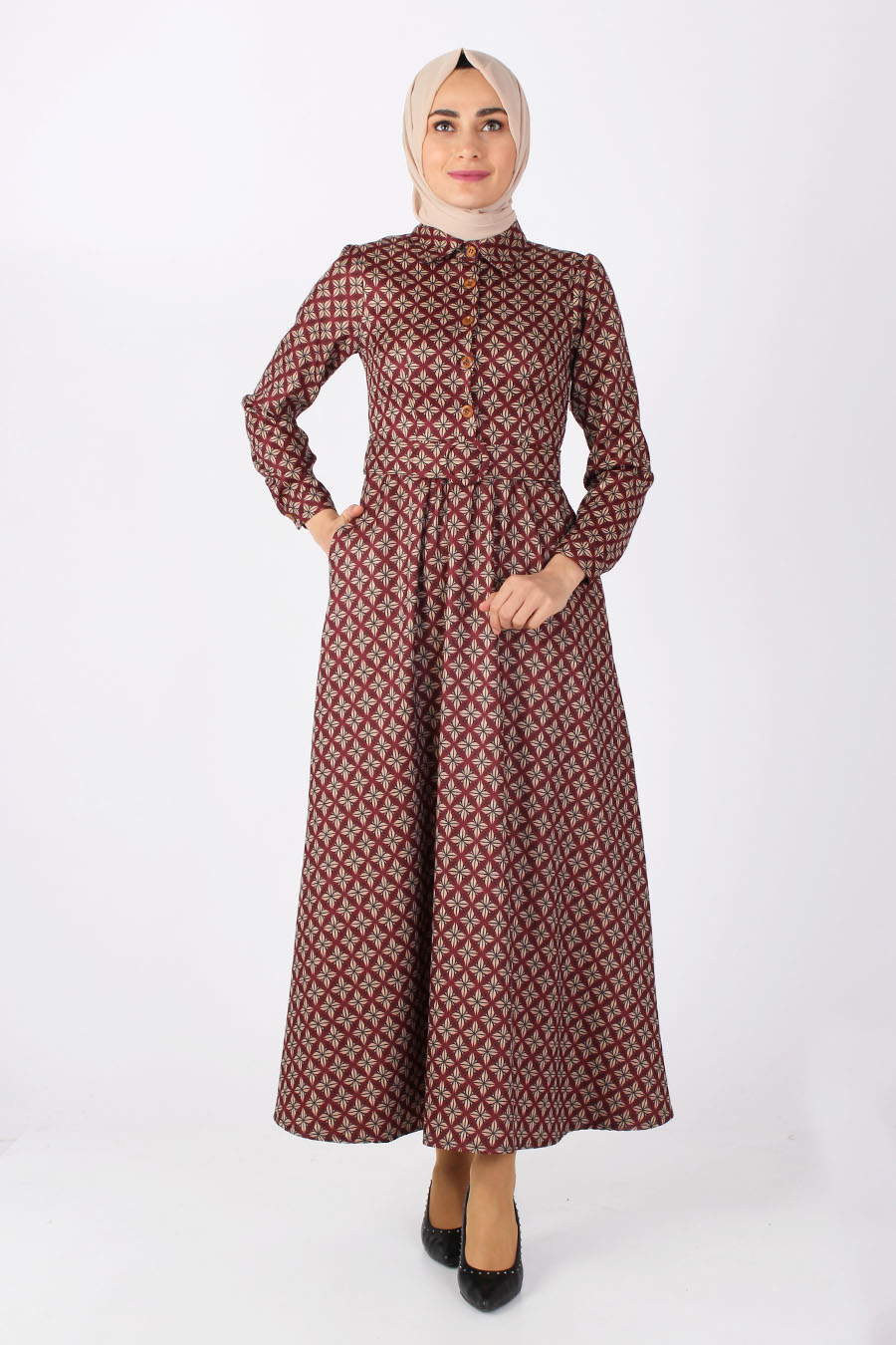 PATTERNED CLARET RED DRESS