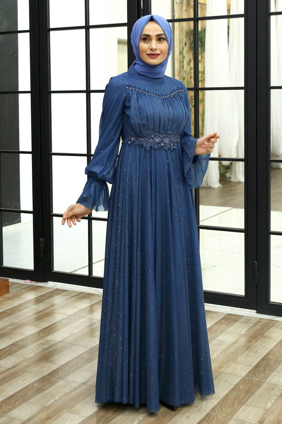 SHINING INDIGO COLOR EVENING DRESS 