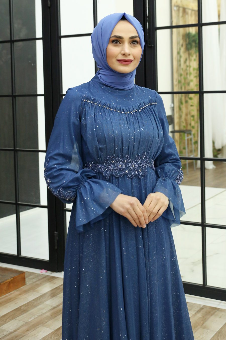 SHINING INDIGO COLOR EVENING DRESS 