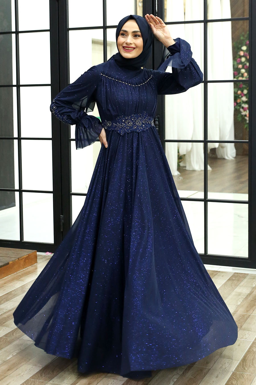 SHINING NAVY COLOR EVENING DRESS