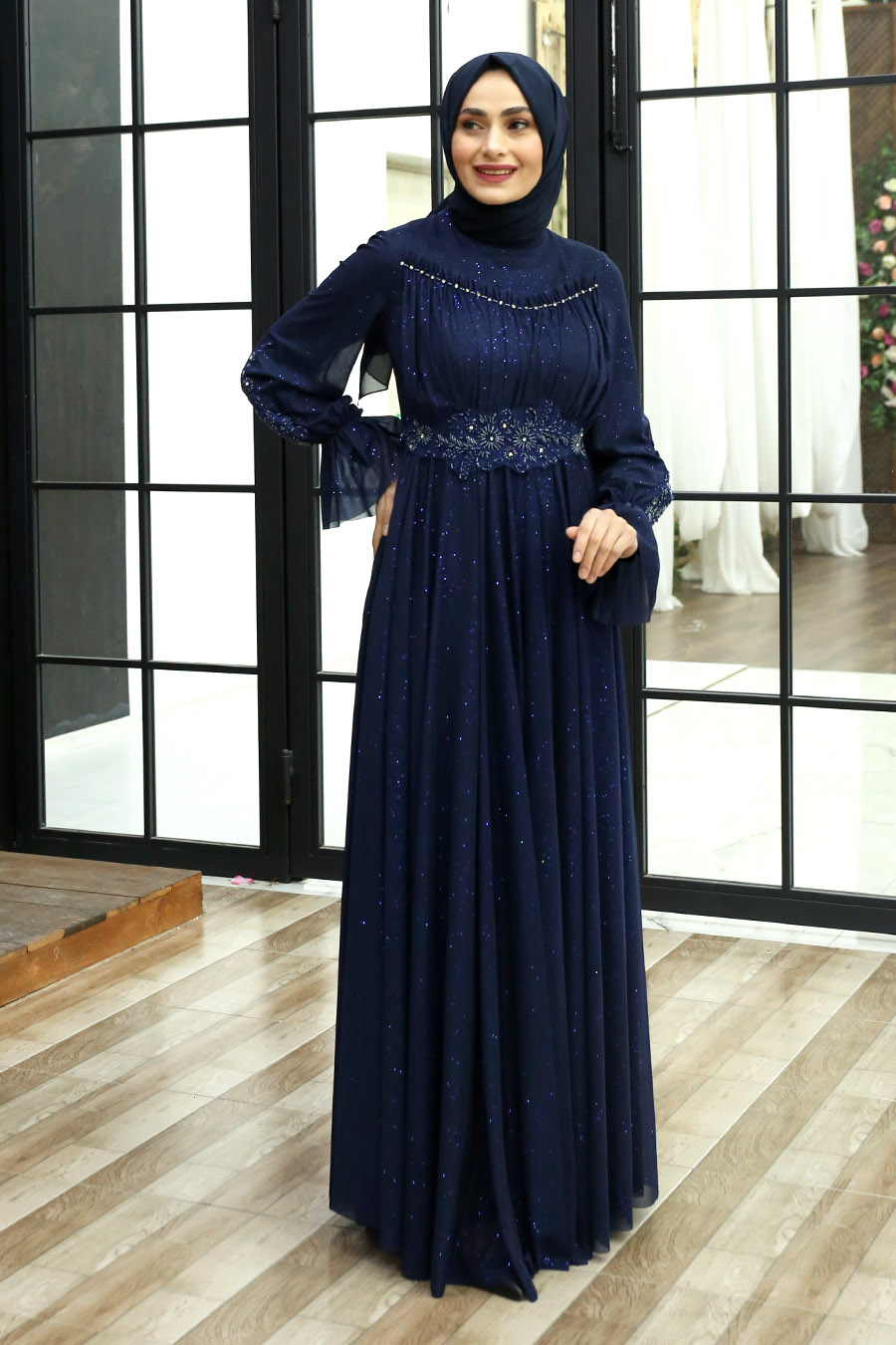 SHINING NAVY COLOR EVENING DRESS