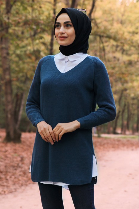 INDIGO COLOR KNITWEAR BLOUSE
