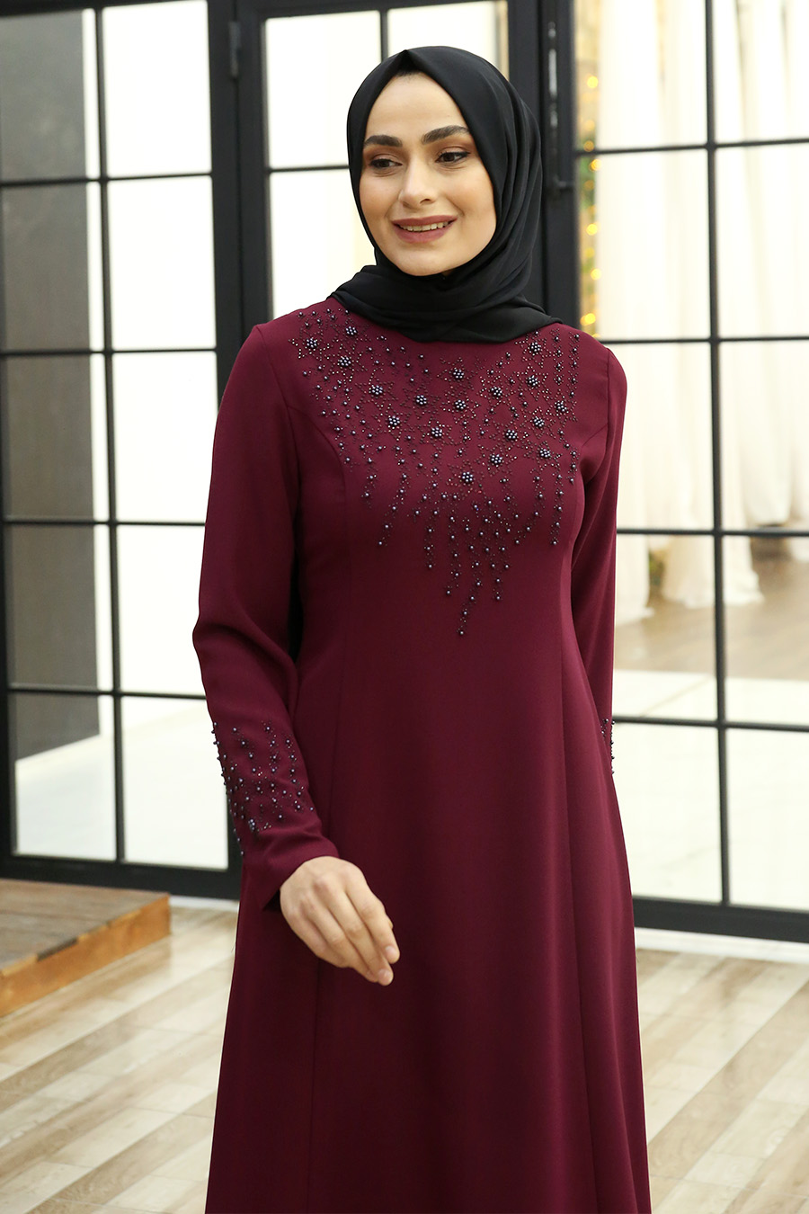 STONED DETAILED CLARET RED DRESS  