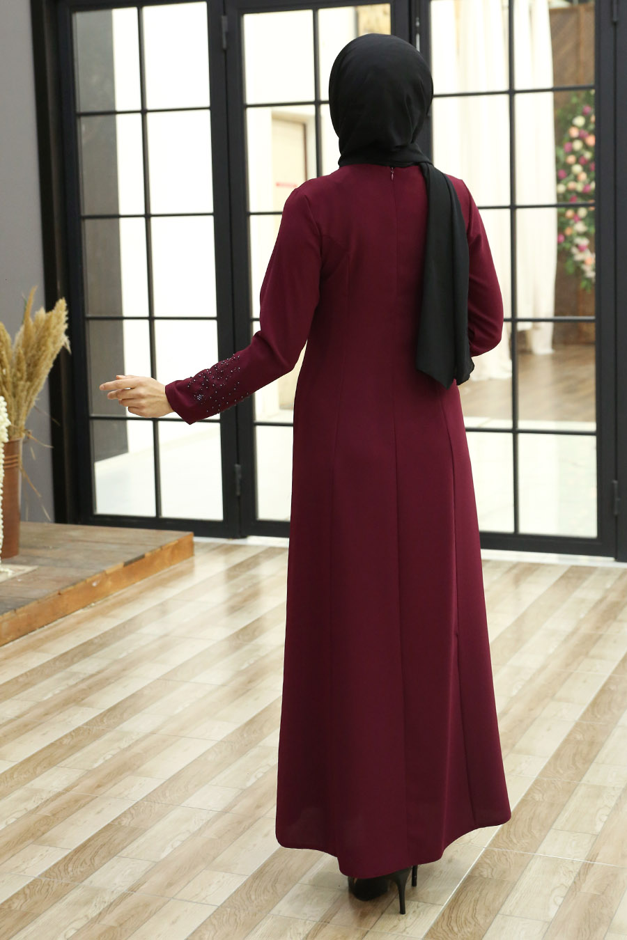 STONED DETAILED CLARET RED DRESS  